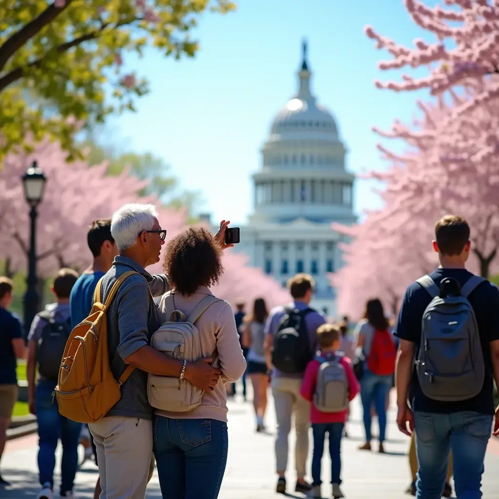 Widok na Pomnik Waszyngtona w Waszyngtonie, otoczony zielenią.
